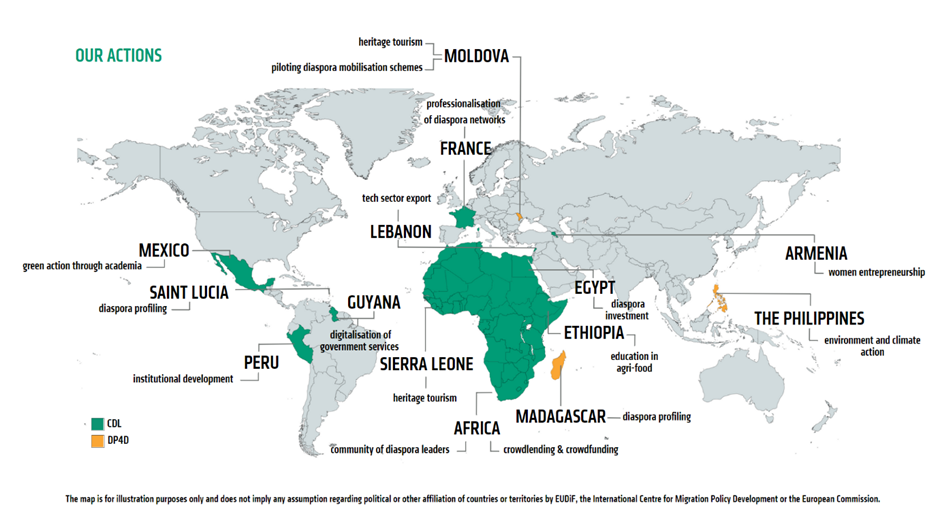 The image shows a world map with the locations and themes of the 16 different actions under the EUDiF portfolio. Full information on these can be found by navigating through the Our actions page.
