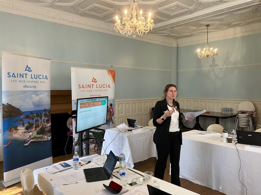 A woman standing up in front of a presentation on a screen giving a presentation.