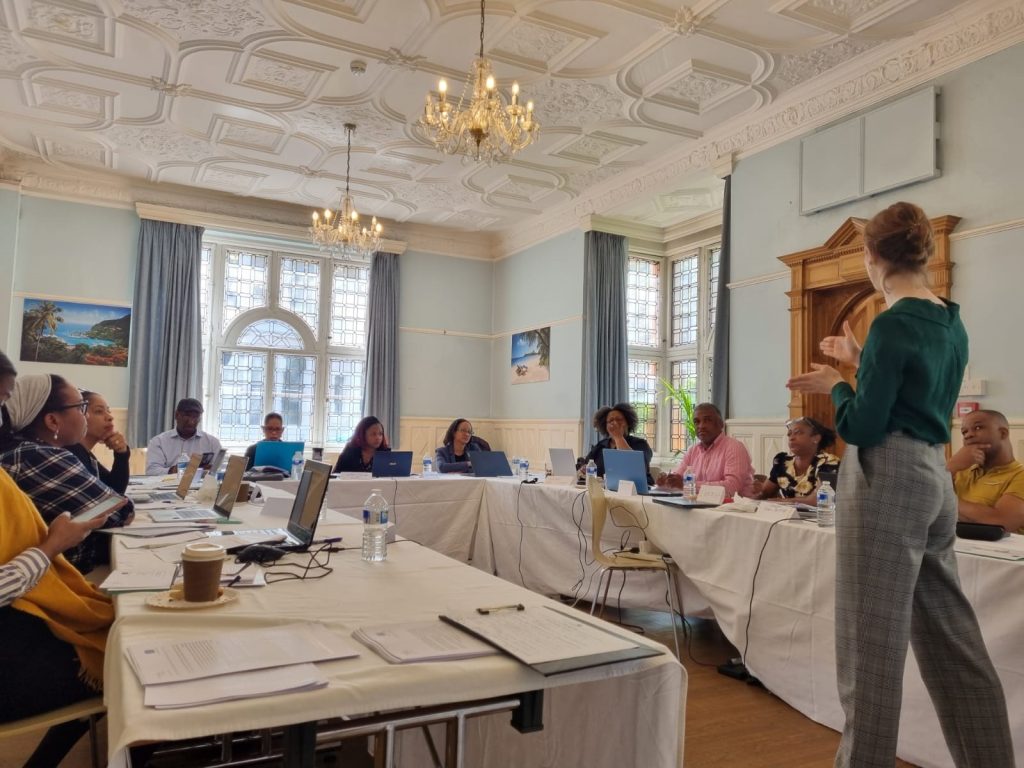 A woman standing up is presenting to a group of people sat around a U-shaped table.