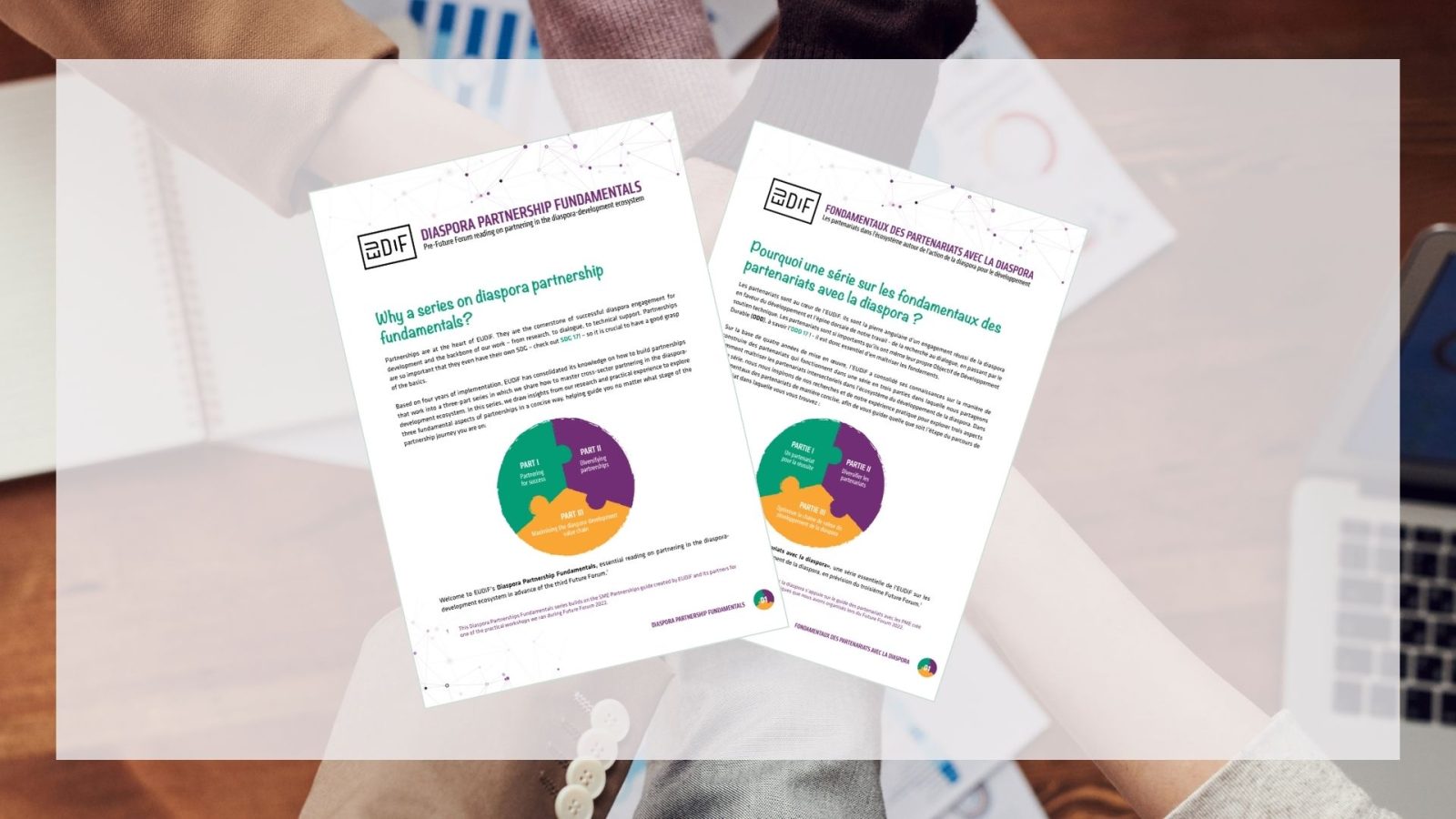 Cover images of the Partnerships fundamentals guide in English and French.