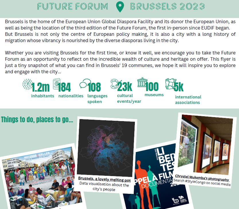 A flyer showing statistics about the city of Brussels and places to visit which are linked to migration and diaspora.