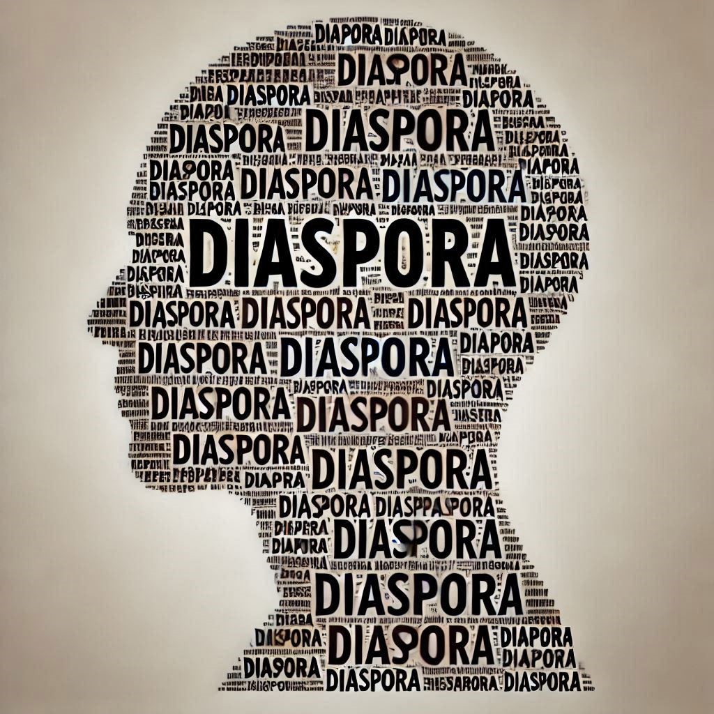 Silhouette of a person's head made up from the word diaspora repeated.